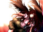  black_wings brown_hair cape covering_one_eye hair_ornament hair_ribbon light light_rays long_hair looking_away miata_(miata8674) outstretched_arm parted_lips puffy_sleeves red_eyes reiuji_utsuho ribbon shirt short_sleeves skirt solo third_eye touhou wings 
