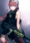  assault_rifle backlighting backwards_hat bad_id bad_pixiv_id bike_shorts breasts brown_hair bullpup freckles gloves gradient gradient_background gun hat highres l85 lens_flare load_bearing_vest medium_breasts mouth_hold no_shirt original purple_eyes rifle scarf seung_mo_kim short_hair sideboob signature snap-fit_buckle solo thigh_strap weapon 