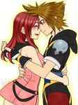  1girl arms_around_waist artist_request banana_gyuunyuu blue_eyes blush brown_hair couple eye_contact fingerless_gloves gloves gradient gradient_background happy hetero hood hood_down hoodie hug kairi_(kingdom_hearts) kingdom_hearts kingdom_hearts_ii looking_at_another red_hair sora_(kingdom_hearts) spiked_hair 