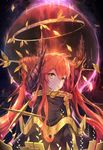 commentary fantasy halo hong horns light_particles long_hair mouth_hold original red_hair robe solo sphere twintails upper_body yellow_eyes 