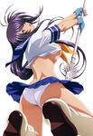  1girl ass blue_eyes breasts female gloves ikkitousen kan&#039;u_unchou kan'u_unchou large_breasts long_hair official_art open_mouth panties purple_hair sideboob simple_background sitting skirt solo spear underboob underwear upskirt weapon white_panties 