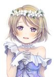  brown_hair cotton_(shikiori) dress flower gloves hair_flower hair_ornament head_wreath koizumi_hanayo looking_at_viewer love_live! love_live!_school_idol_project open_mouth purple_eyes short_hair smile solo yume_no_tobira 