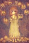  barefoot blonde_hair blush bow candle child gradient gradient_background hantoumei_namako lantern nightgown open_mouth price_tag solo twintails yellow_eyes 