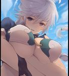  braid breast_hold breasts cloud cloud_print cloudy_sky day dyson_(edaokunnsaikouya) from_below hair_between_eyes kantai_collection large_breasts long_hair looking_at_viewer open_mouth silver_hair single_braid sky solo torn_clothes underboob unryuu_(kantai_collection) upper_body very_long_hair wavy_hair yellow_eyes 