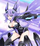  :o absurdres armpits bangs blue_eyes braid breasts cleavage cleavage_cutout detached_wings fighting_stance floating floating_hair floating_object foreshortening from_side hair_ornament headgear highres holding holding_weapon large_breasts leaning_forward leg_up leotard long_hair looking_at_viewer magical_girl neptune_(series) open_mouth outstretched_arm power_symbol purple_hair purple_heart shishin_(shishintei) sidelocks solo sword symbol-shaped_pupils turtleneck twin_braids v-shaped_eyebrows vambraces very_long_hair weapon wings 