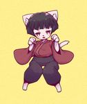  black_hair cat clothing feline female fur hair japanese_clothing kemono mammal omunikin open_mouth red_eyes short_hair white_fur 