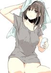  beer_can bottomless breasts brown_hair can drying drying_hair highres large_breasts looking_at_viewer matsuda_hikari naked_shirt original shirt simple_background solo t-shirt towel white_background 