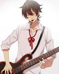  bass_guitar brown_hair closed_eyes horikawa_kunihiro instrument male_focus mouth_hold music playing_instrument plectrum solo touken_ranbu white_background yugake_(mrnmrm) 