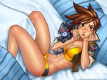  abs absurdres bed blush bomber_jacket breasts brown_hair character_doll cleavage cropped_jacket doll doll_hug earrings highres jacket jewelry lips lipstick looking_at_viewer makeup medium_breasts midriff navel overwatch pillow pout ronindude short_hair slender_waist solo swimsuit tankini thighs toned tracer_(overwatch) unzipped widowmaker_(overwatch) zipper 