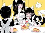  aano_(10bit) anger_vein animal_ears apron black_hair cat_ears cat_tail clenched_teeth fake_animal_ears fake_tail food ketchup maid maid_apron multiple_girls naishi-chan omurice open_mouth original sharp_teeth short_hair sweatdrop tail teeth twintails white_background 