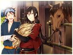  bandages bandana border brown_hair closed_eyes eating_hair horse izumi-no-kami_kanesada japanese_clothes long_hair male_focus multiple_boys mutsu-no-kami_yoshiyuki outdoors seigaiha stable sweat touken_ranbu very_long_hair white_border yugake_(mrnmrm) 