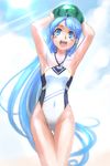  adapted_costume arms_up blue_eyes blue_hair food fruit highres holding kantai_collection long_hair one-piece_swimsuit samidare_(kantai_collection) solo swimsuit tat watermelon 