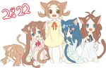  animal_ears black_hair blue_eyes brown_hair cat_ears cat_tail haruka_(pokemon) hikari_(pokemon) kemonomimi_mode kotone_(pokemon) long_hair makoooko mei_(pokemon) multiple_girls pokemon pokemon_(game) pokemon_bw pokemon_bw2 pokemon_dppt pokemon_hgss pokemon_rse simple_background smile tail touko_(pokemon) 