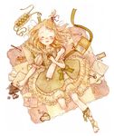  1girl amputee barefoot blonde_hair blush book bow dress eyes_closed fork hantoumei_namako happy ink money open_mouth pale_skin ribbon scissors simple_background smile 