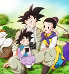  2015 2boys :d ^_^ artist_name axe belt black_eyes black_hair carrot chi-chi_(dragon_ball) chinese_clothes closed_eyes dated day dragon_ball dragon_ball_super eating family father_and_son food grass highres husband_and_wife kneeling masa_(p-piyo) mother_and_son multiple_boys on_lap onigiri open_mouth outdoors scarf sitting smile son_gokuu son_goten spiked_hair tree_stump turnip weapon 