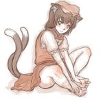  animal_ears bare_legs barefoot cat_ears cat_tail chen dress ear_piercing hat jewelry kuro_suto_sukii leg_grab limited_palette looking_at_viewer mob_cap multiple_tails nekomata piercing puffy_short_sleeves puffy_sleeves shirt short_sleeves single_earring solo tail touhou 