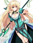  blonde_hair blue_eyes breasts character_name cleavage feathers highres large_breasts long_hair neptune_(series) polearm purple_eyes shishin_(shishintei) spear vert weapon 