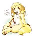  animal_crossing blonde_hair breasts canine dog female fur green_eyes hair hair_covering isabelle_(animal_crossing) kemono mammal nintendo open_mouth setouchi_kurage video_games yellow_fur 