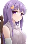  alternate_costume chair crescent crescent_hair_ornament hair_ornament long_hair looking_at_viewer patchouli_knowledge purple_eyes purple_hair simple_background sleeveless solo sweater tokugawa_landine touhou turtleneck upper_body white_background 