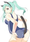  absurdres adjusting_clothes adjusting_swimsuit alternate_hairstyle animal_ears aqua_hair arched_back ass black_eyes breasts brown_eyes byte_(allbyte) cat_ears cat_tail cowboy_shot fake_animal_ears from_side highres kantai_collection looking_at_viewer medium_breasts one-piece_swimsuit ponytail simple_background solo suzuya_(kantai_collection) swimsuit tail white_background 