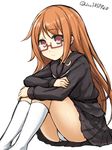  arm_rest black_serafuku brown_eyes brown_hair collared_shirt crescent crescent_moon_pin don_(29219) glasses kantai_collection long_hair looking_at_viewer mochizuki_(kantai_collection) ornament panties pantyshot pantyshot_(sitting) pleated_skirt red-framed_eyewear school_uniform semi-rimless_eyewear serafuku shirt simple_background sitting skirt solo twitter_username underwear white_background white_legwear white_panties 