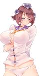  blush breasts brown_hair buttons cosplay green_eyes headgear highres kantai_collection large_breasts mutsu_(kantai_collection) panties school_uniform serafuku short_hair simple_background smile solo ueda_torini underwear white_background white_panties yukikaze_(kantai_collection) yukikaze_(kantai_collection)_(cosplay) 