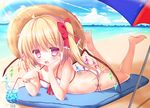  ass beach bikini blonde_hair blue_sky bow cloud day drink drinking_straw flandre_scarlet hair_bow hat lake legs_up lowres lying md5_mismatch on_stomach open_mouth outdoors parasol pink_eyes rikatan side_ponytail sky smile solo straw_hat swimsuit touhou tropical_drink umbrella white_bikini wings 