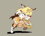  1girl animal_ears bangs blonde_hair blue_eyes closed_mouth elbow_gloves gloves hair_between_eyes highres kemono_friends multicolored_hair nat_(gsx-r1300) necktie short_hair short_sleeves smilodon_(kemono_friends) solo tail thighhighs tiger_ears tiger_girl tiger_tail 