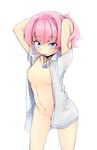  adjusting_hair blue_eyes blush bottomless breasts covered_nipples groin highres kantai_collection medium_breasts mouth_hold naked_shirt navel no_bra okuva pink_hair shiranui_(kantai_collection) shirt solo standing 