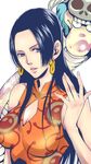  black_hair blue_eyes boa_hancock cleavage_cutout earrings highres jewelry lips long_hair looking_at_viewer one_piece salome_(one_piece) sleeveless snake snake_earrings superdd white_background 