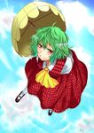  ascot checkered checkered_skirt checkered_vest green_hair grin hane_(hanegoya) highres kazami_yuuka parasol red_eyes short_hair skirt smile solo standing standing_on_liquid touhou umbrella vest 