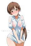  blush bottomless breasts brown_eyes brown_hair idolmaster idolmaster_cinderella_girls inue_shinsuke long_hair medium_breasts nipples nitta_minami ponytail see-through shirt_tug smile solo wet wet_clothes 