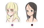  aohashi_ame black_hair blonde_hair blush brown_eyes eyebrows glasses highres long_hair multiple_girls nude perrine_h_clostermann simple_background smile strike_witches suwa_amaki upper_body white_background world_witches_series yellow_eyes 