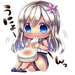  :3 blonde_hair blue_eyes chibi chocolat_(momoiro_piano) closed_mouth commentary_request crop_top eating flower food hair_flower hair_ornament holding holding_food kantai_collection long_hair mochi ro-500_(kantai_collection) sitting slippers solo swimsuit swimsuit_under_clothes 