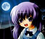  bow bowtie fang full_moon hanyuu higurashi_no_naku_koro_ni horns long_hair moon night purple_eyes purple_hair sachiko shirt vest 