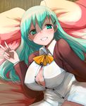  aqua_eyes aqua_hair bed blazer breasts cleavage grin hair_ornament hairclip han_(jackpot) huge_breasts jacket kantai_collection long_hair lying no_bra pillow smile solo suzuya_(kantai_collection) sweat unbuttoned v 