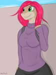  anthro clothing female fish green_eyes hair hi_res howl_echoes marine outside pink_hair shark smile solo 
