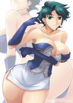  aqua_eyes aqua_hair ass aya_kobayashi breast_hold breasts cleavage curvy earrings gem gloves haganef hips jewelry large_breasts open_mouth parted_lips shiny shiny_skin short_hair super_robot_wars thighs wide_hips 