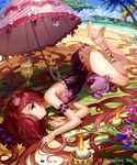  77gl absurdly_long_hair ankle_lace-up ankle_ribbon anna_(granblue_fantasy) arm_garter bad_id bad_pixiv_id barefoot beach blush breasts candle cat_hair_ornament cross-laced_footwear cup day granblue_fantasy hair_ornament hair_over_one_eye long_hair looking_at_viewer lying on_side one-piece_swimsuit palm_tree red_hair ribbon small_breasts solo stuffed_animal stuffed_cat stuffed_toy swimsuit tree umbrella very_long_hair 
