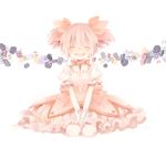  ^_^ bow choker closed_eyes drawr dress full_body hair_bow kaname_madoka magical_girl mahou_shoujo_madoka_magica open_mouth pale_color pink_hair puffy_short_sleeves puffy_sleeves sham00 short_sleeves sitting smile solo twintails v_arms 