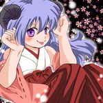  :p detached_sleeves hakama hanyuu haori higurashi_no_naku_koro_ni horns japanese_clothes lavender_hair long_hair lowres miko purple_eyes red_hakama ribbon-trimmed_sleeves ribbon_trim tongue tongue_out vienetta 