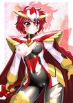  1girl areolae armor blush breasts cameltoe cape gloves highres legs looking_at_viewer magic_knight_rayearth nipples red_eyes red_hair sakura_ryuuken serious shadow shidou_hikaru short_hair shoulder_pads simple_background skin_tight small_breasts solo standing sword thighs torn_clothes weapon 