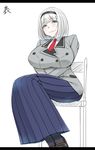  anna_nishikinomiya aqua_eyes blazer blue_skirt breasts commentary_request hairband highres huge_breasts jacket letterboxed libre long_skirt pantyhose pleated_skirt school_uniform shimoneta_to_iu_gainen_ga_sonzai_shinai_taikutsu_na_sekai short_hair silver_hair sitting skirt smile solo translated v_arms 