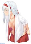  bent_over breasts brown_eyes hairband isshiki_(ffmania7) japanese_clothes kantai_collection long_hair medium_breasts open_clothes panties shoukaku_(kantai_collection) side-tie_panties silver_hair simple_background smile solo underwear undressing white_background 