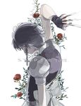  arm_up between_fingers braid closed_eyes drawr fingerless_gloves floral_background flower from_behind from_side gloves izayoi_sakuya ketsuopolis knife maid maid_headdress puffy_short_sleeves puffy_sleeves rose short_hair short_sleeves side_braid silver_hair solo touhou twin_braids weapon 