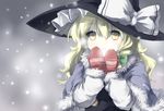  absurdres black_dress blonde_hair bow braid capelet dena.ei dress hat hat_bow highres kirisame_marisa long_hair mittens open_mouth single_braid snowing solo touhou upper_body white_bow winter_clothes witch_hat yellow_eyes 