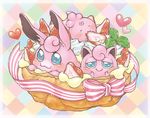  blush commentary_request cream_puff ears eating food fruit gao_(2334787) gen_1_pokemon gen_2_pokemon happy heart igglybuff jigglypuff no_humans pokemon pokemon_(creature) ribbon strawberry wigglytuff 