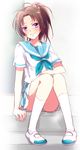  aqua_neckwear ascot brown_hair eyebrows_visible_through_hair full_body hibike!_euphonium izumi_kouyou nakagawa_natsuki neckerchief panties panty_peek pleated_skirt ponytail purple_eyes sailor_collar school_uniform serafuku shoes short_sleeves sitting sitting_on_stairs skirt socks solo stairs underwear uwabaki white_legwear 