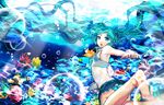  bad_id bad_pixiv_id barefoot blue_hair bubble coral crop_top fish foreshortening freediving from_behind hatsune_miku highres long_hair looking_back microskirt miturousoku panties pleated_skirt shiny skirt solo swimming twintails underwater underwear very_long_hair vocaloid 