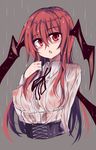  :o blush breasts corset covered_nipples cross-laced_clothes dress_shirt grey_background head_wings jpeg_artifacts koakuma large_breasts long_hair looking_at_viewer maturiuta_sorato nipples no_bra red_eyes red_hair see-through shirt solo touhou upper_body very_long_hair wet wet_clothes wet_hair 